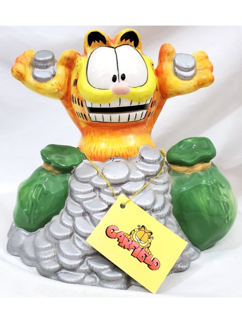 VTG Westland GARFIELD Too Rich ceramic piggy BANK cat sitting on coin money pile